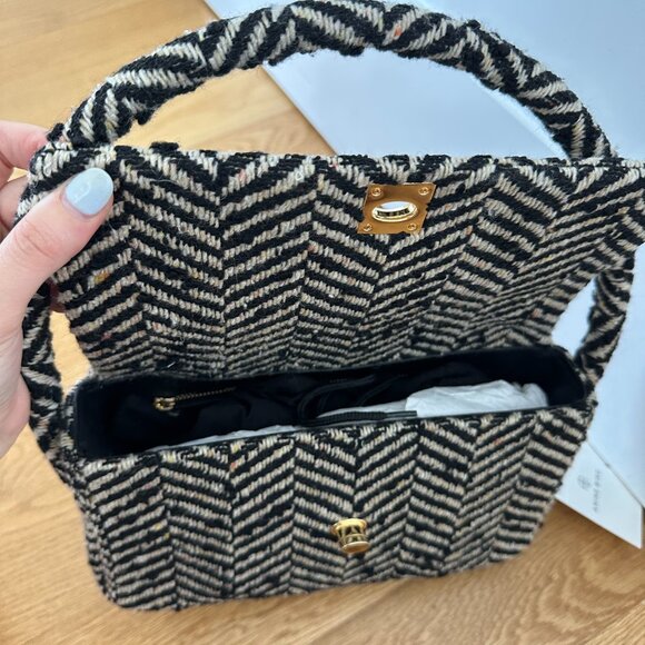 NWT Anine Bing Nico Shoulder Bag Fishbone Pattern Wool Blend Tweed Gold Lock - Picture 11 of 12